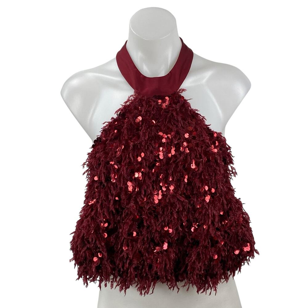Zara Women's Red Sequin Fringe Halter Sleeveless Open Back Blouse Top Size S